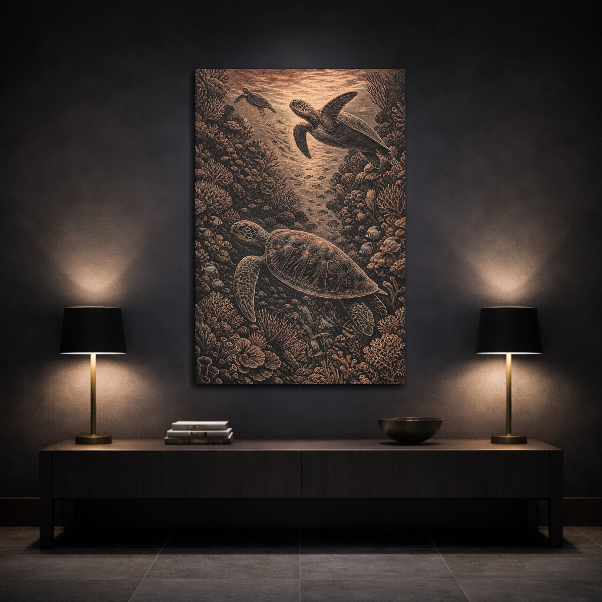 Mockup 3. Sea Turtle Coral Engraving shown as canvas print
