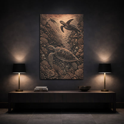 Mockup 3. Sea Turtle Coral Engraving shown as canvas print