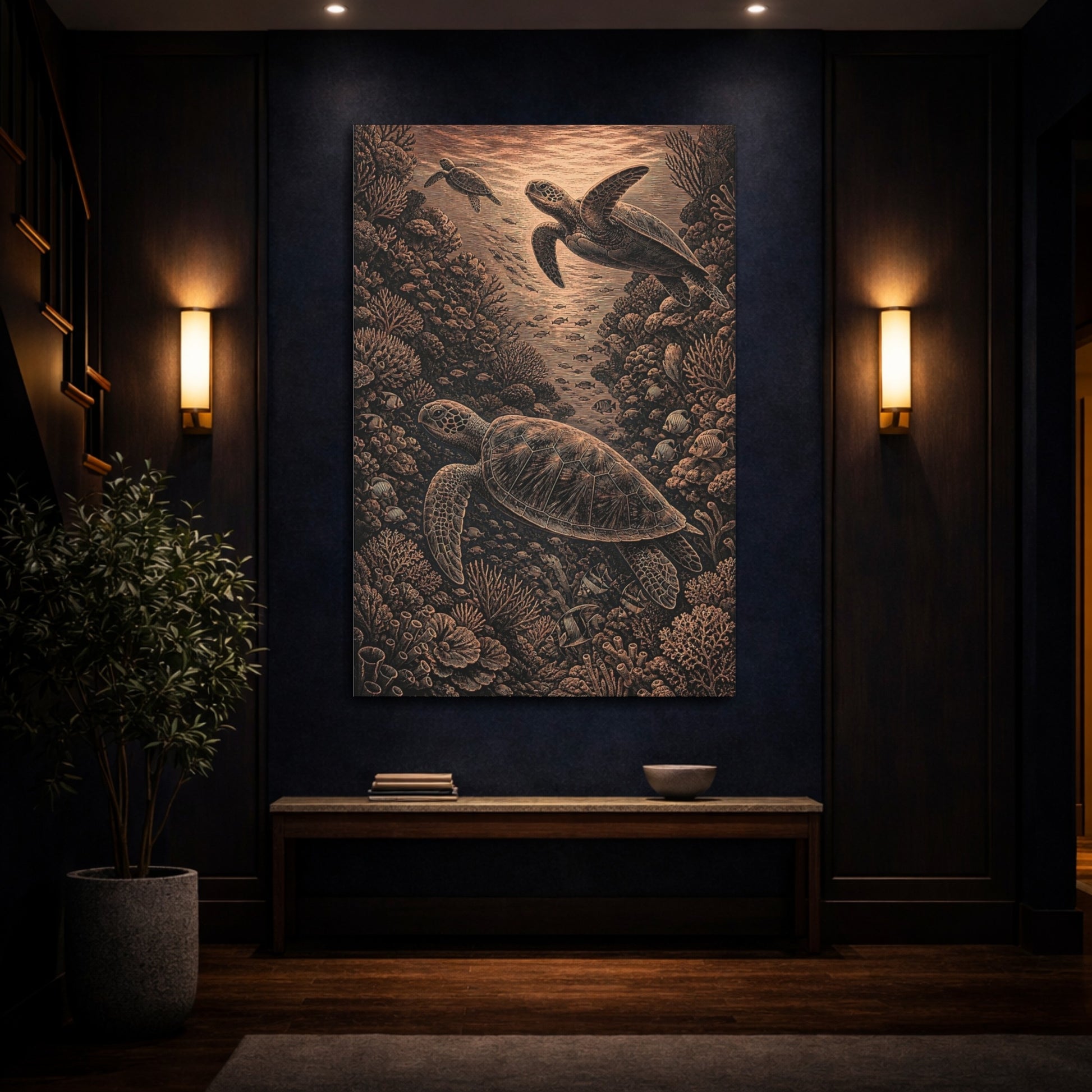 Mockup 4. Sea Turtle Coral Engraving shown as canvas print