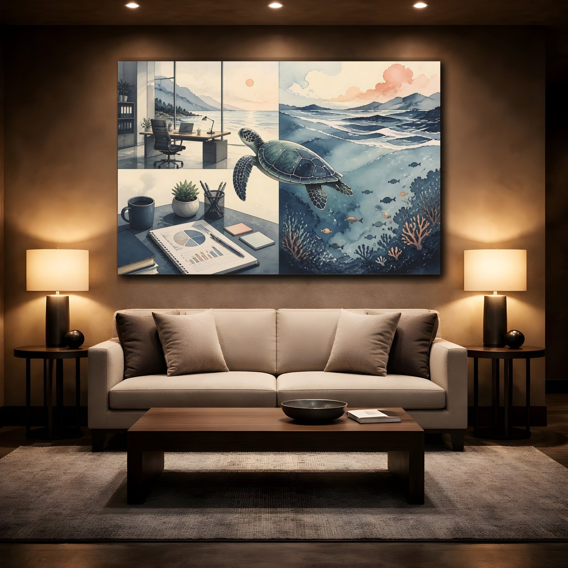 Mockup 2. Sea Turtle Office View shown as canvas print