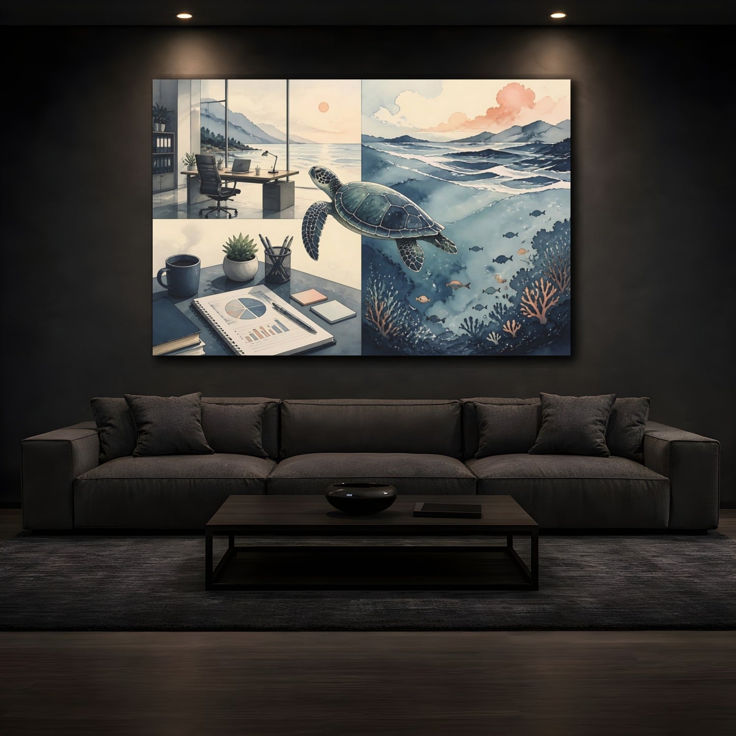 Mockup 3. Sea Turtle Office View shown as canvas print