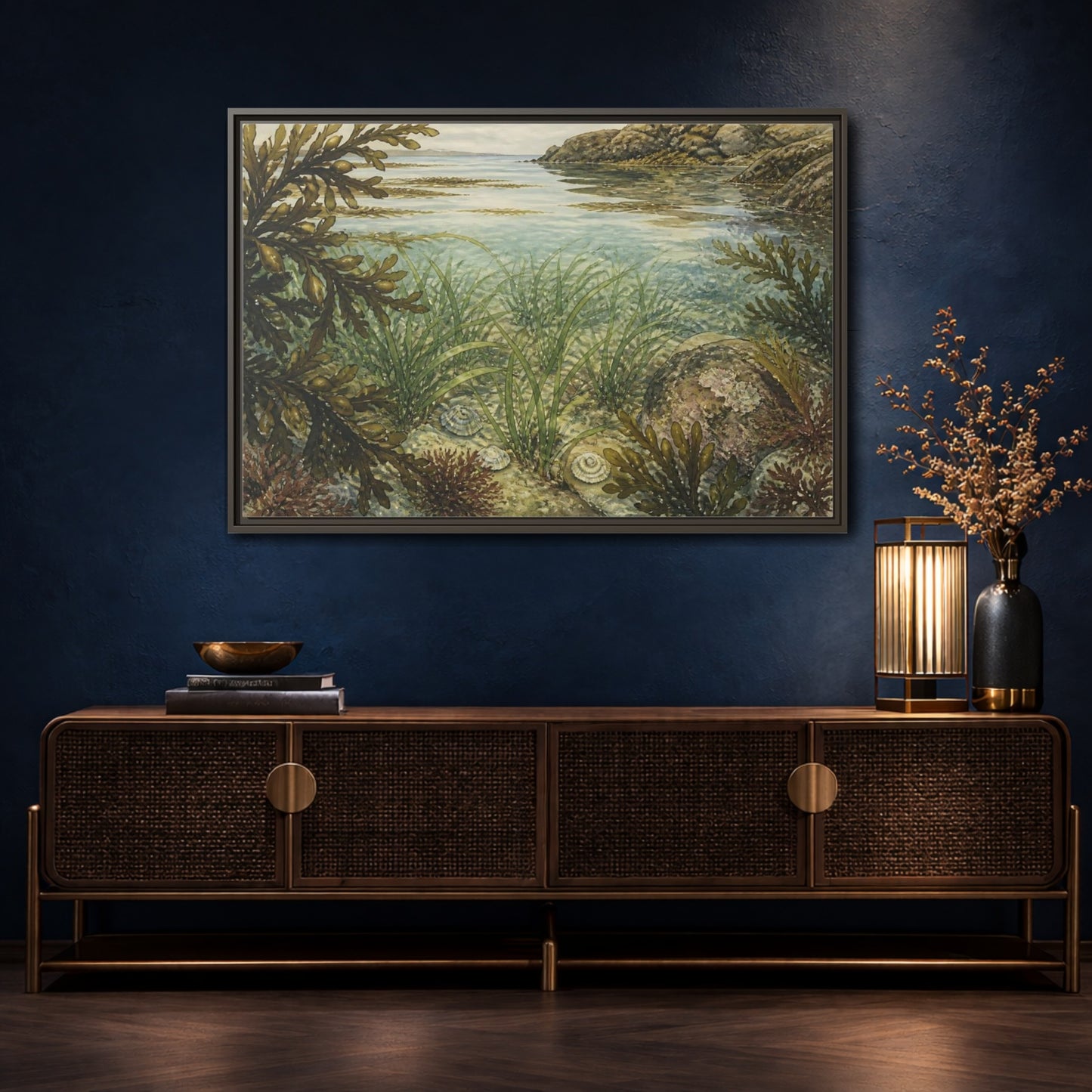 Mockup 4. Seagrass Tidepool Study shown as framed canvas print