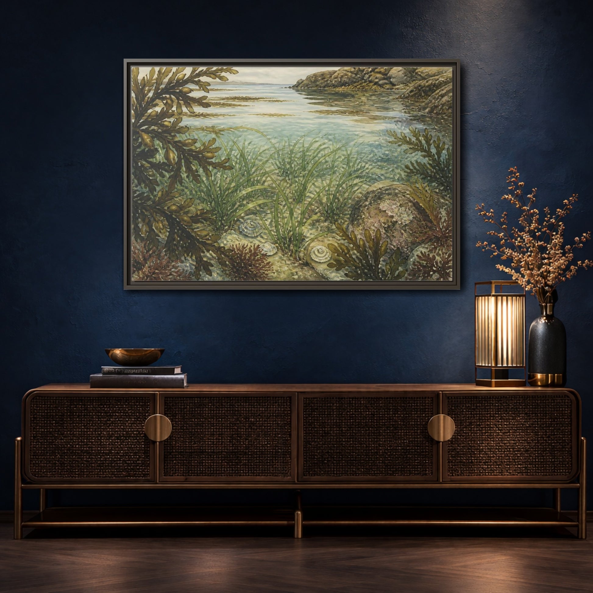 Mockup 4. Seagrass Tidepool Study shown as framed canvas print