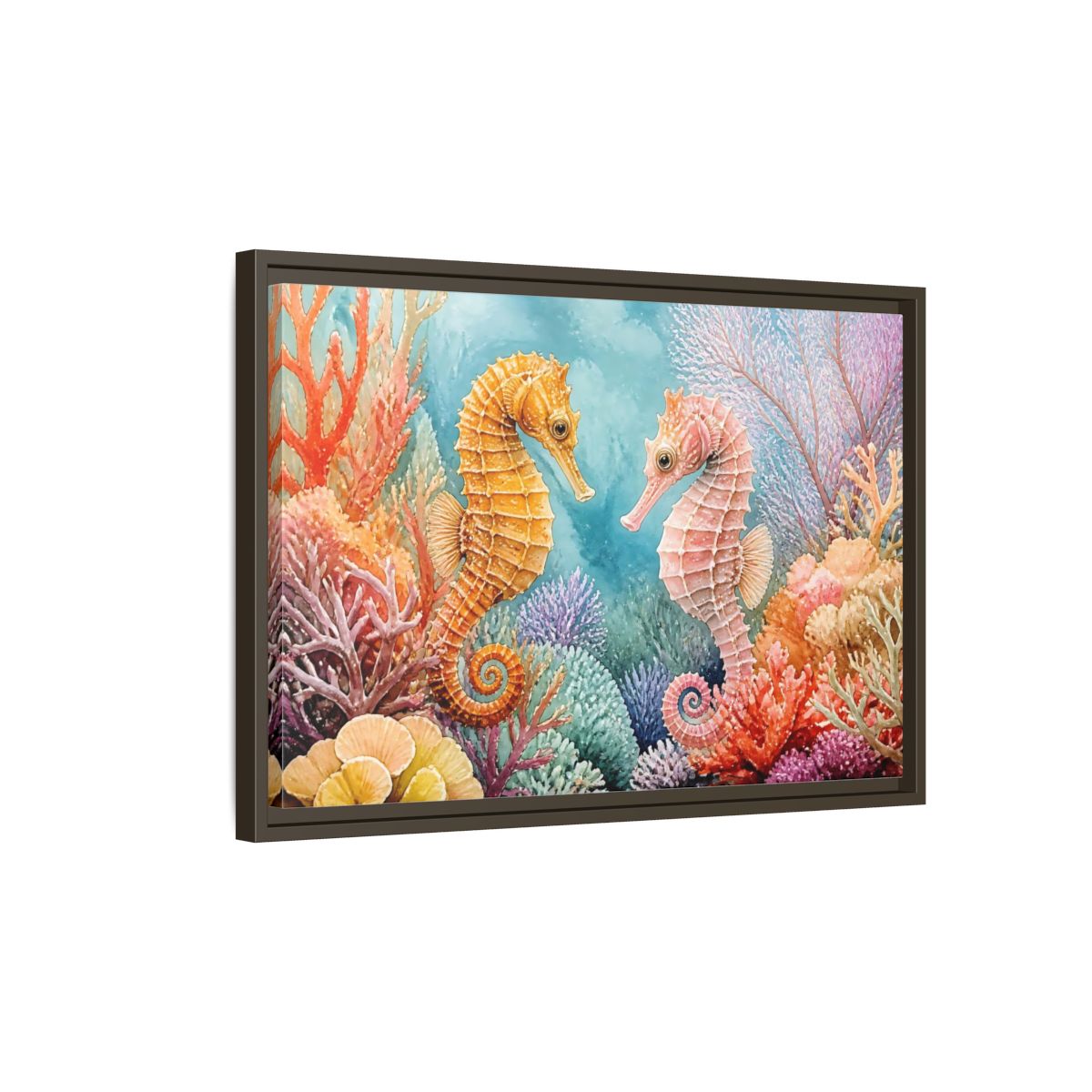 Side Mockup 2. Seahorse Companions Marine Animals shown as framed canvas print