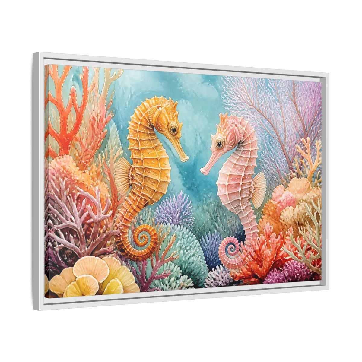 Side Mockup 10. Seahorse Companions Marine Animals shown as framed canvas print
