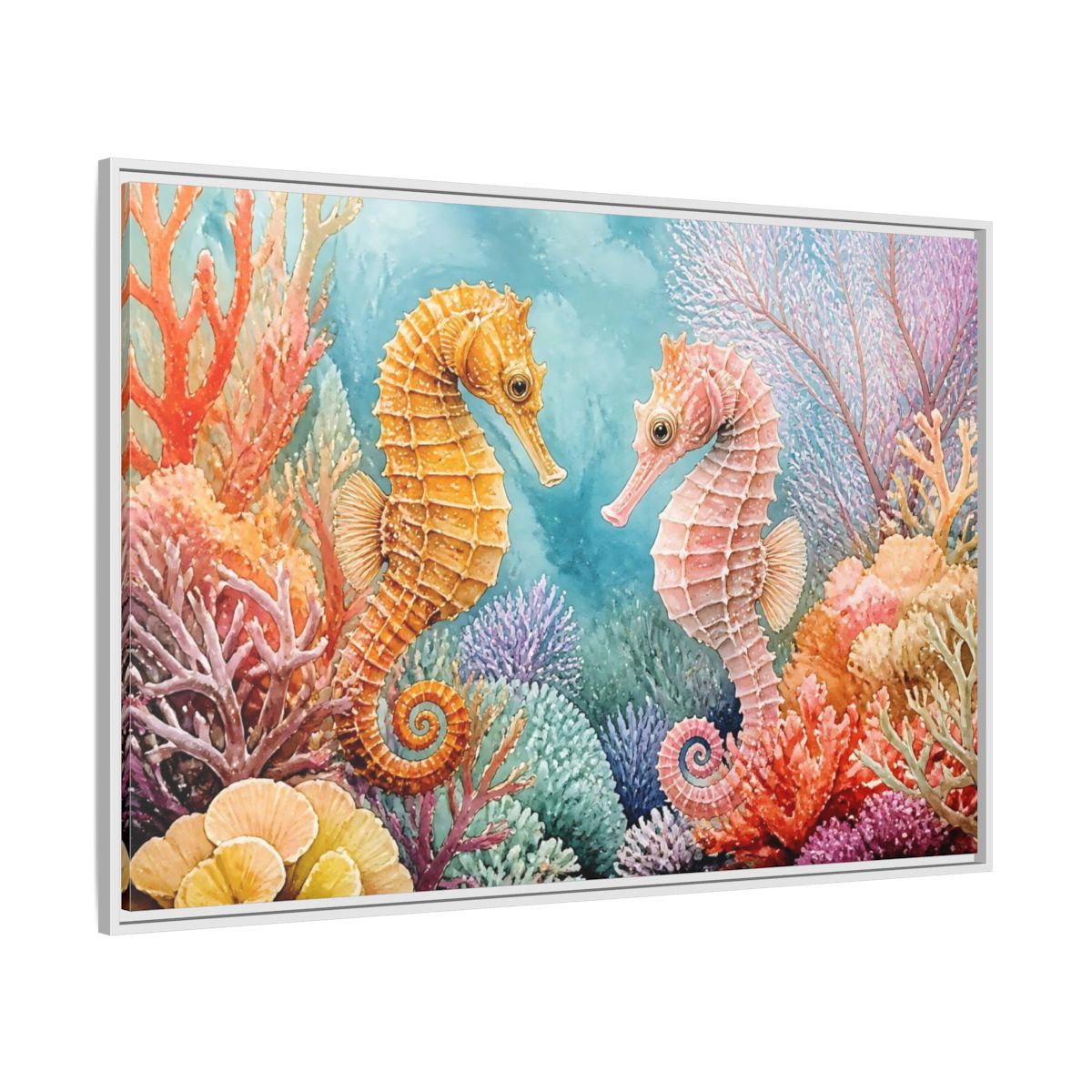 Side Mockup 7. Seahorse Companions Marine Animals shown as framed canvas print
