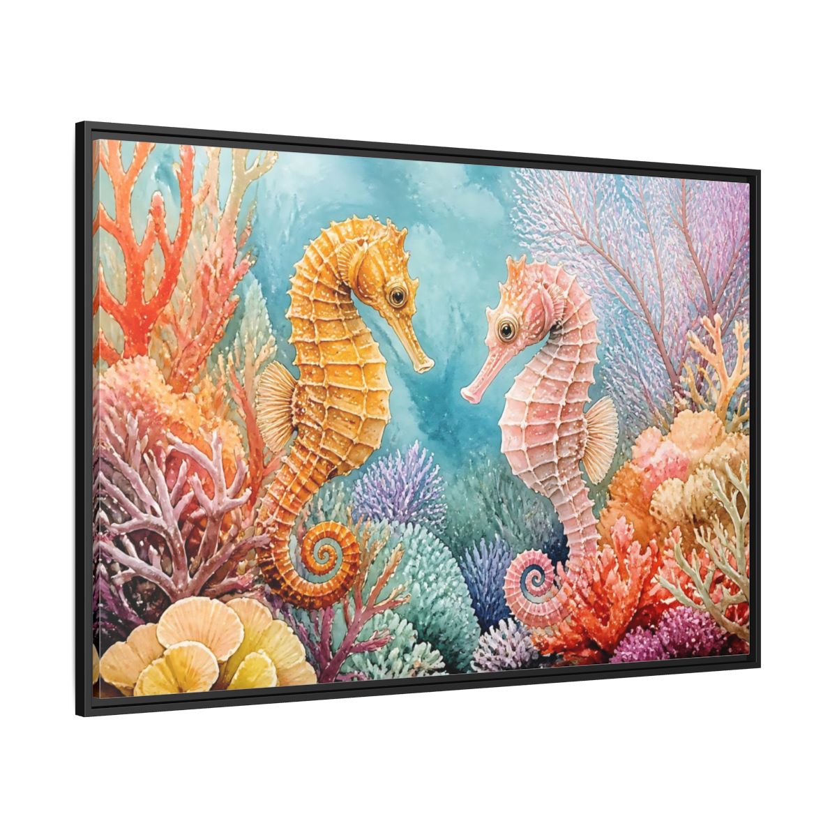 Side Mockup 12. Seahorse Companions Marine Animals shown as framed canvas print