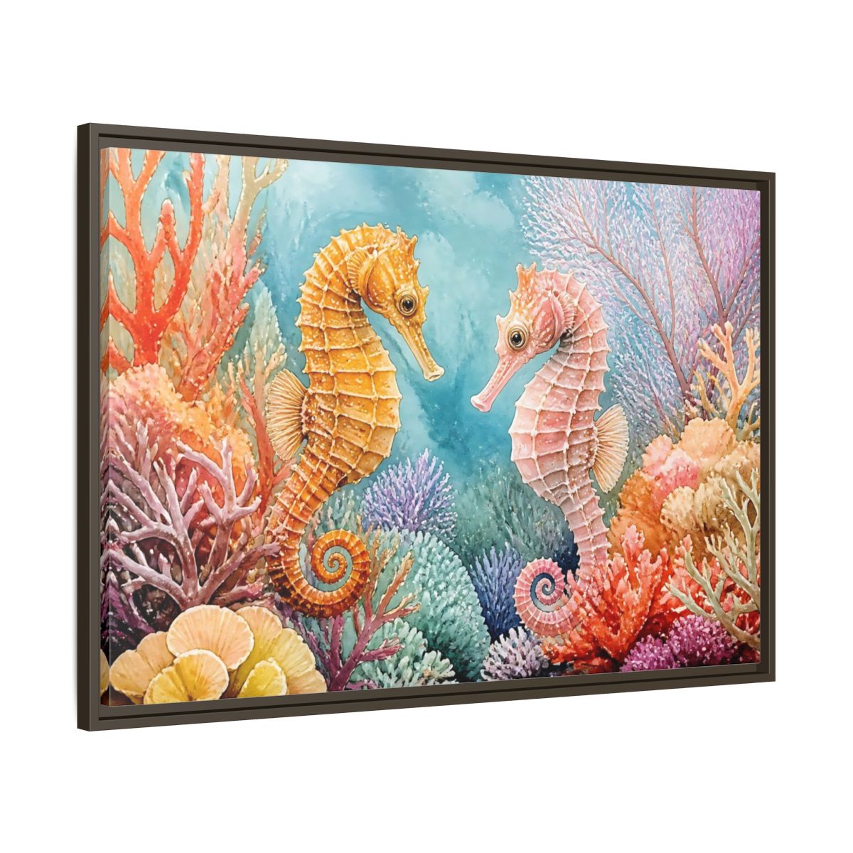 Main Mockup. Seahorse Companions Marine Animals shown as framed canvas print