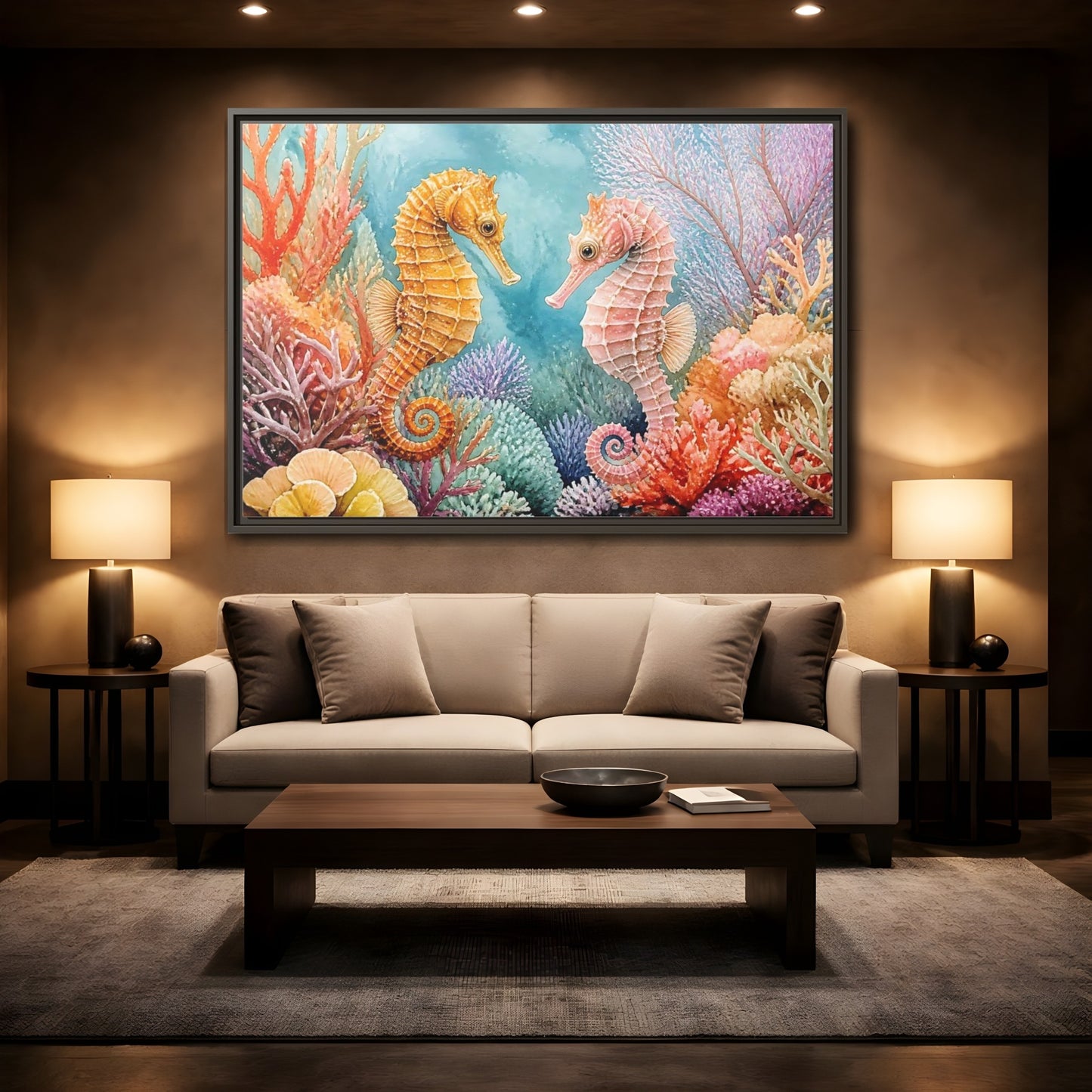 Mockup 2. Seahorse Companions Marine Animals shown as framed canvas print