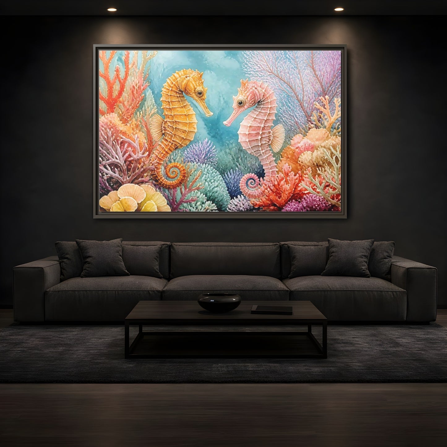 Mockup 3. Seahorse Companions Marine Animals shown as framed canvas print