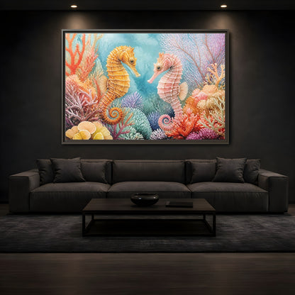 Mockup 3. Seahorse Companions Marine Animals shown as framed canvas print