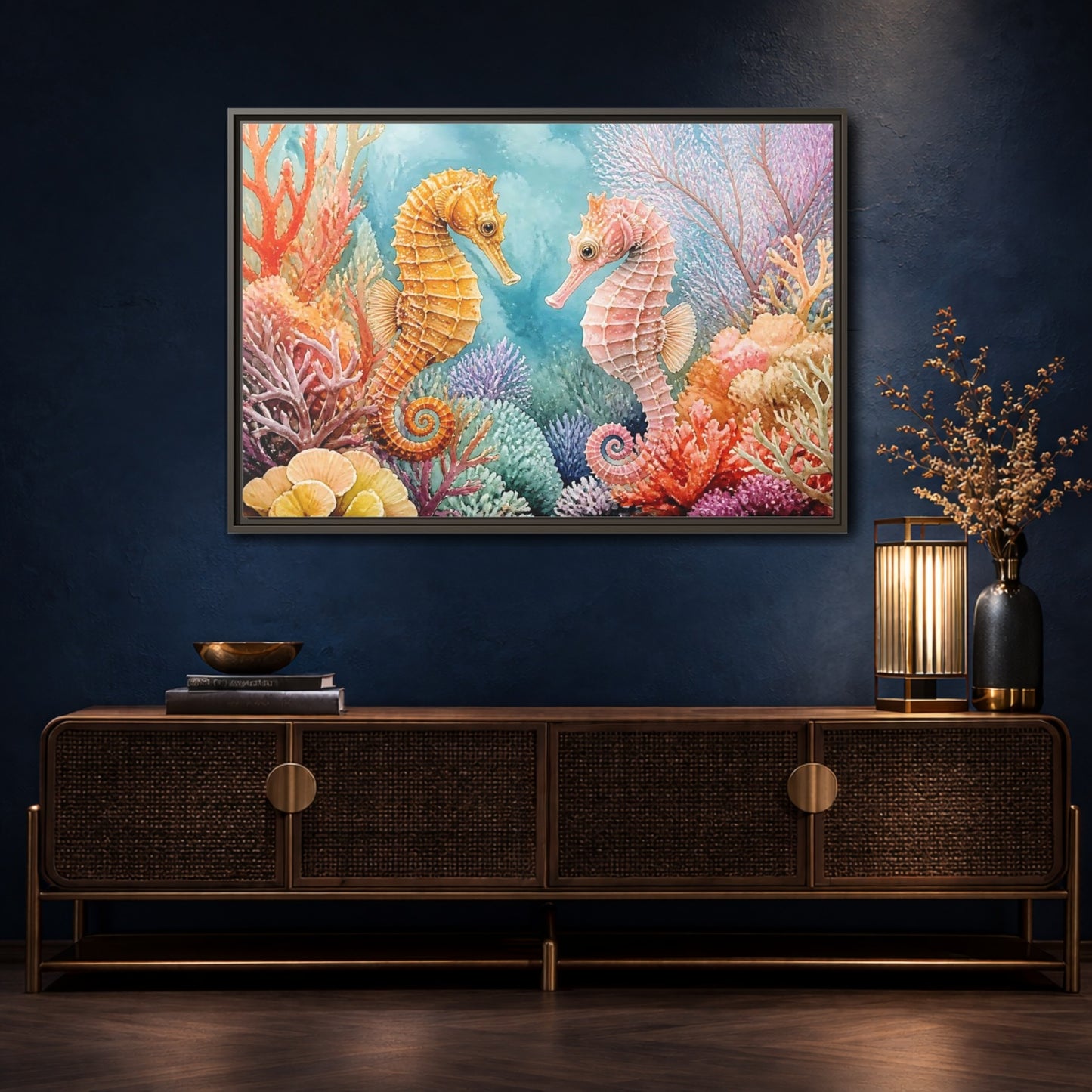 Mockup 4. Seahorse Companions Marine Animals shown as framed canvas print