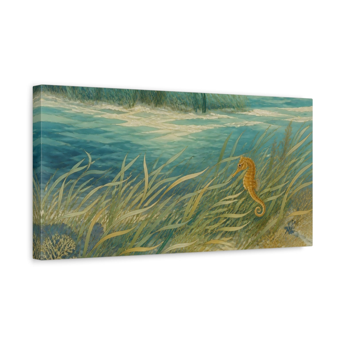 Side Mockup 3. Seahorse Nature Meadow shown as canvas print