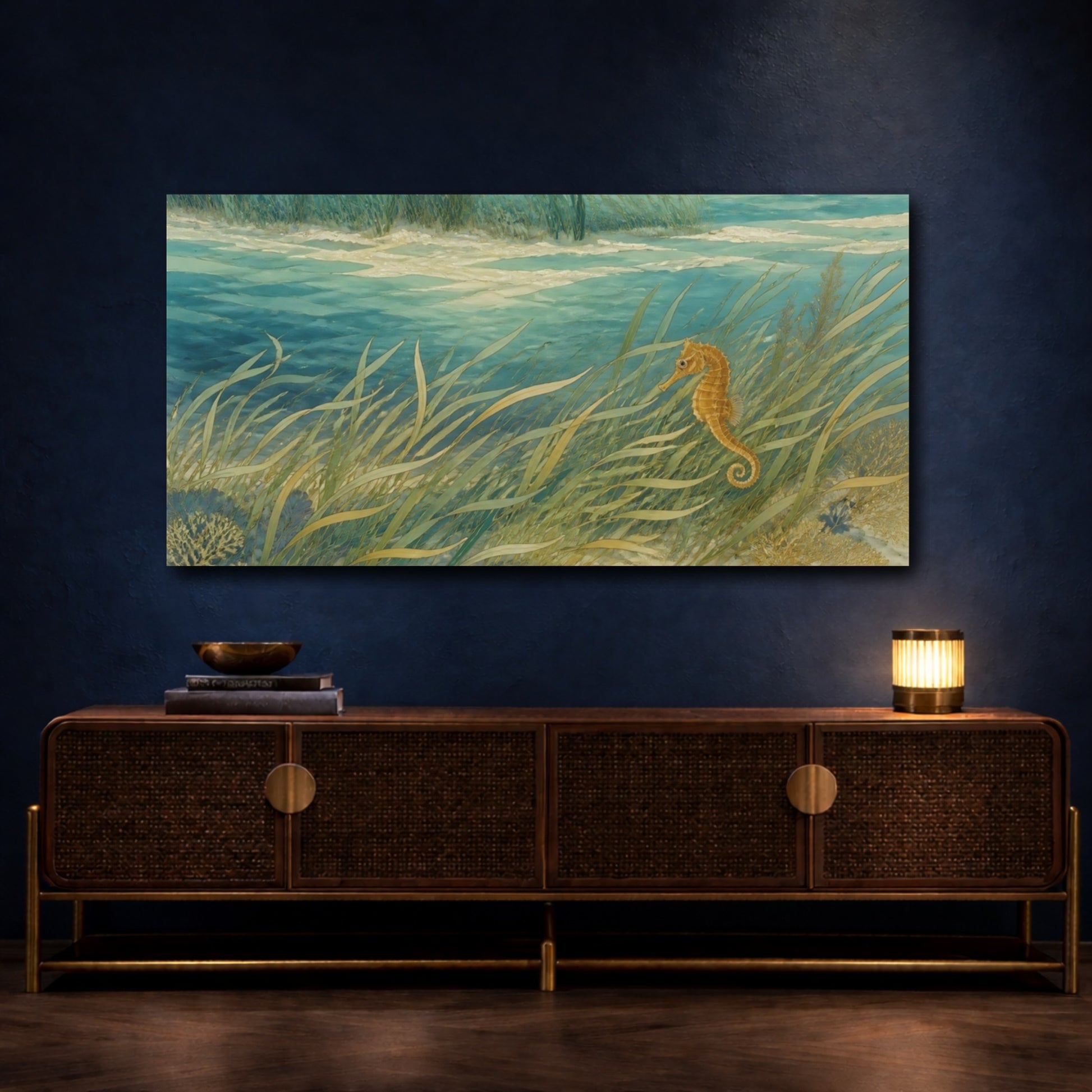 Mockup 4. Seahorse Nature Meadow shown as canvas print