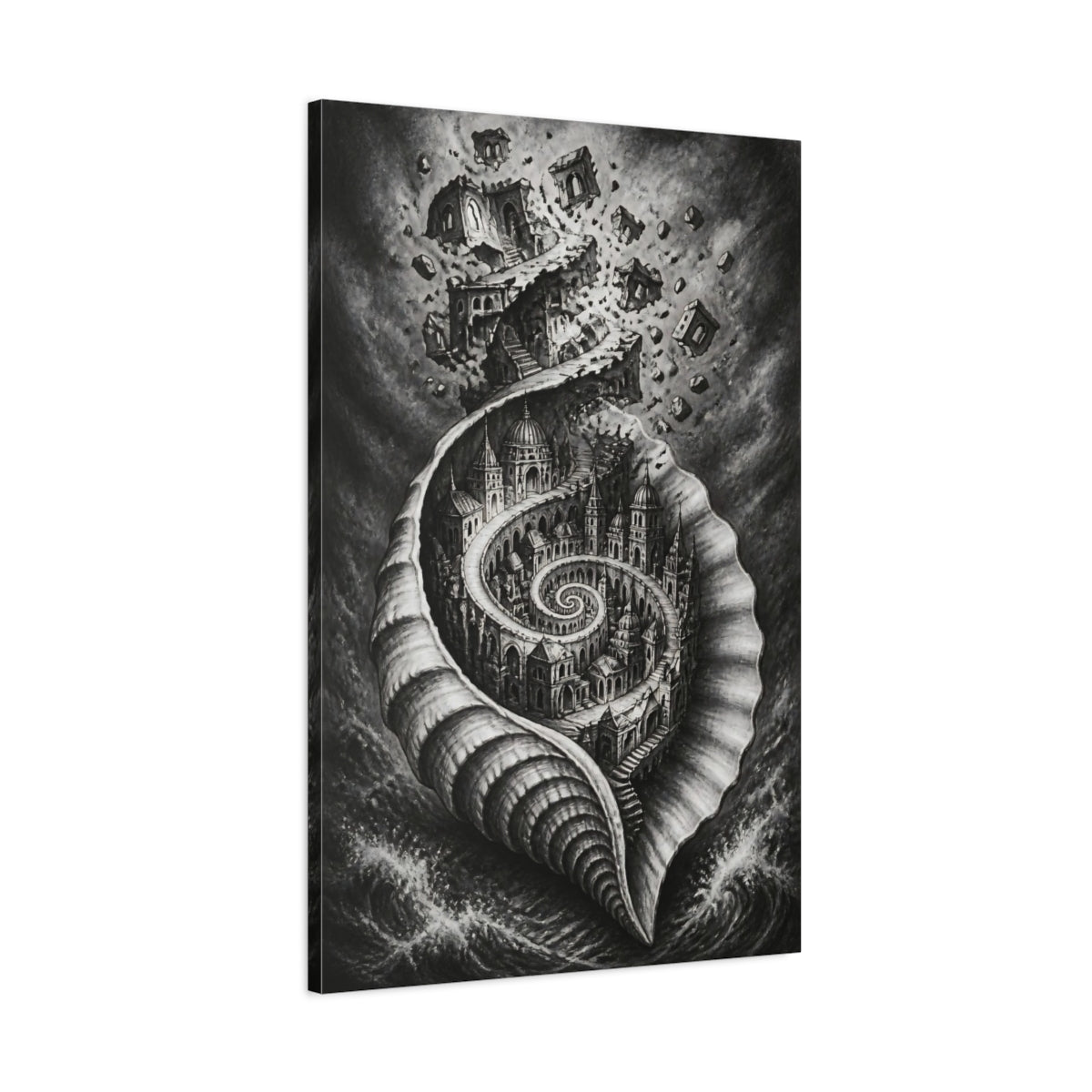 Main Mockup. Seashell City Illusion shown as canvas print