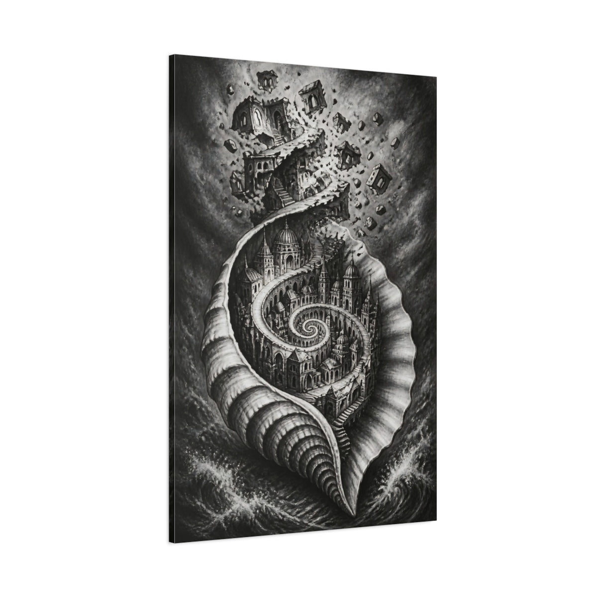 Side Mockup 1. Seashell City Illusion shown as canvas print
