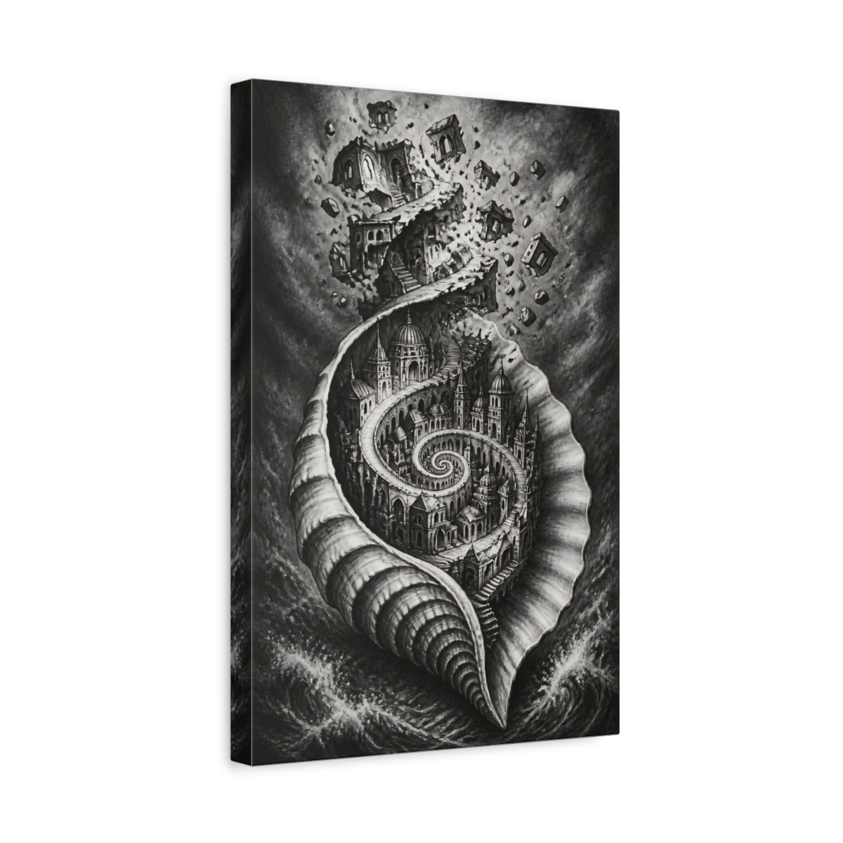Side Mockup 4. Seashell City Illusion shown as canvas print