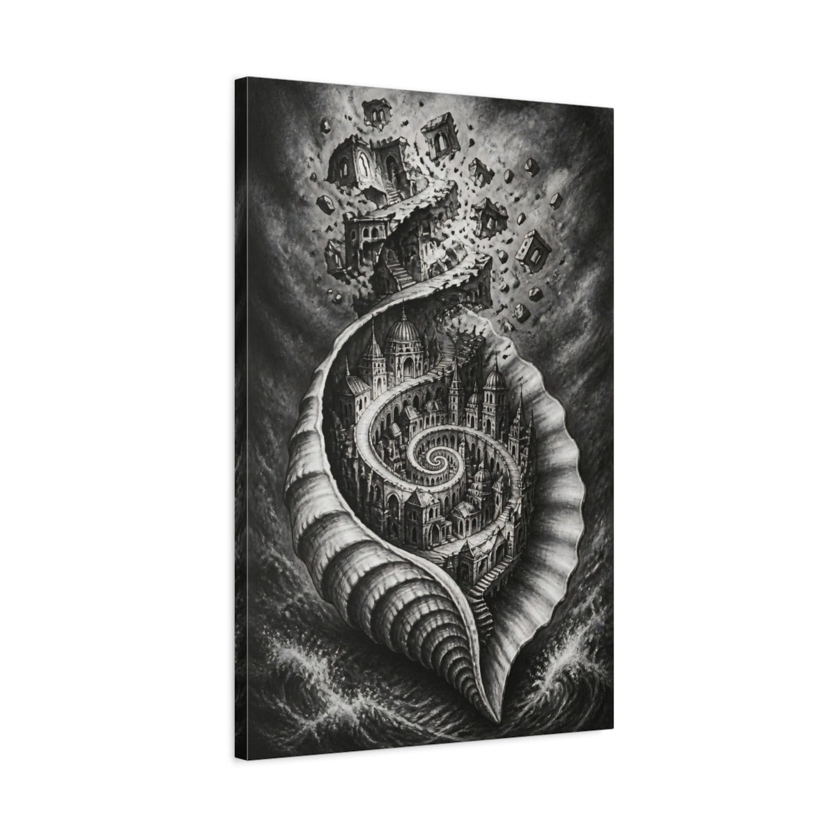 Side Mockup 2. Seashell City Illusion shown as canvas print