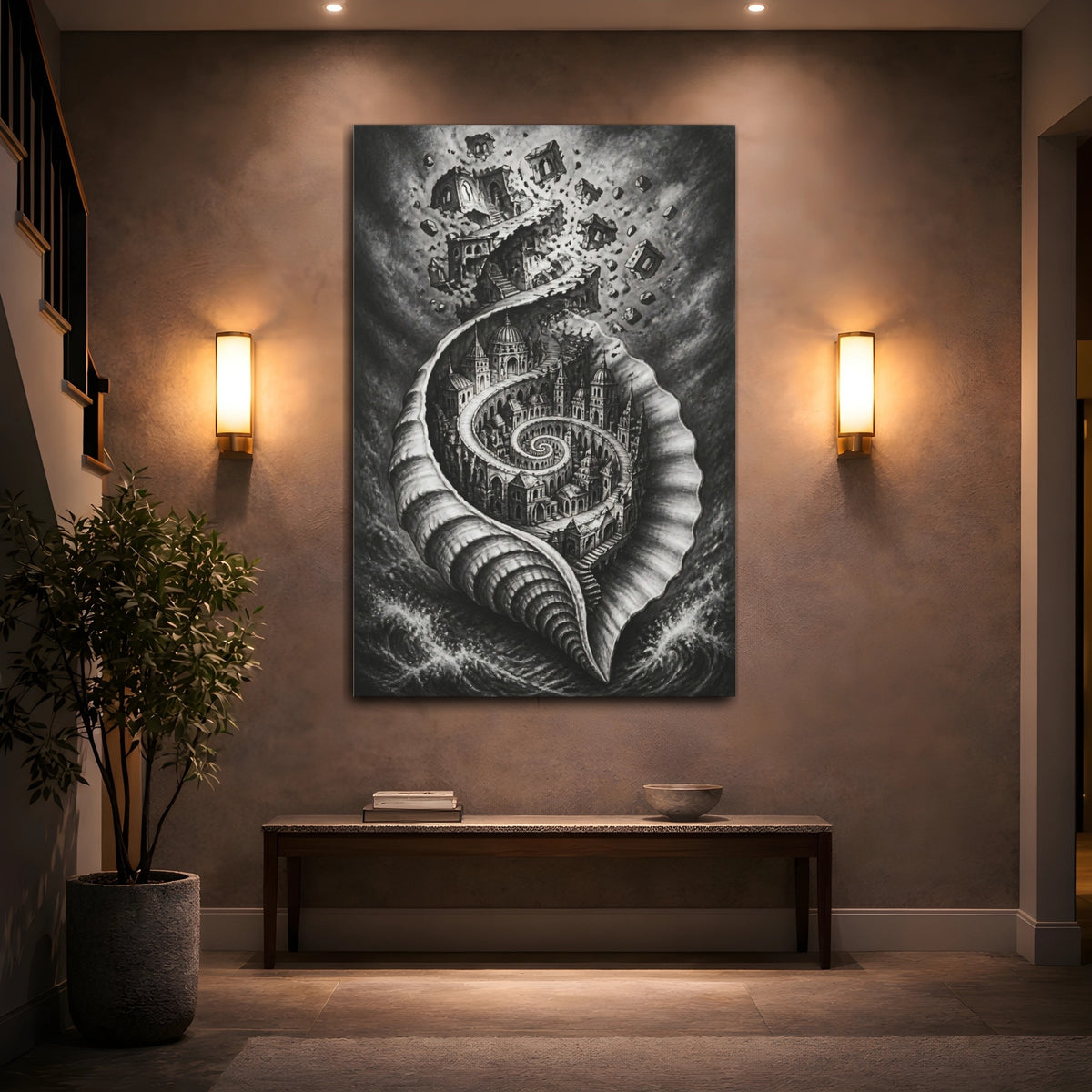 Mockup 2. Seashell City Illusion shown as canvas print
