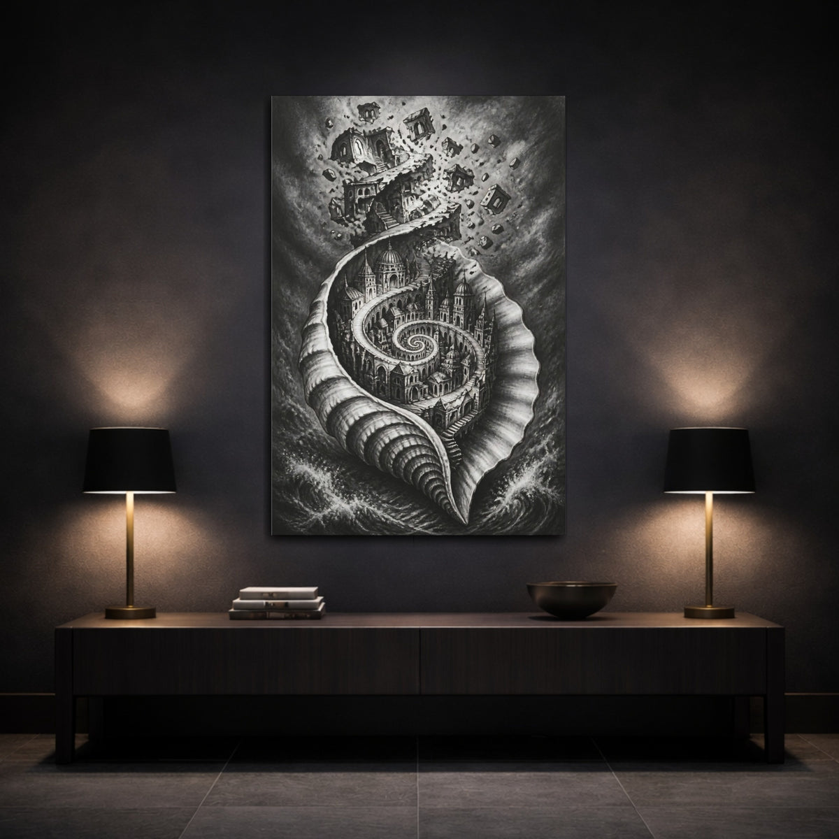 Mockup 3. Seashell City Illusion shown as canvas print