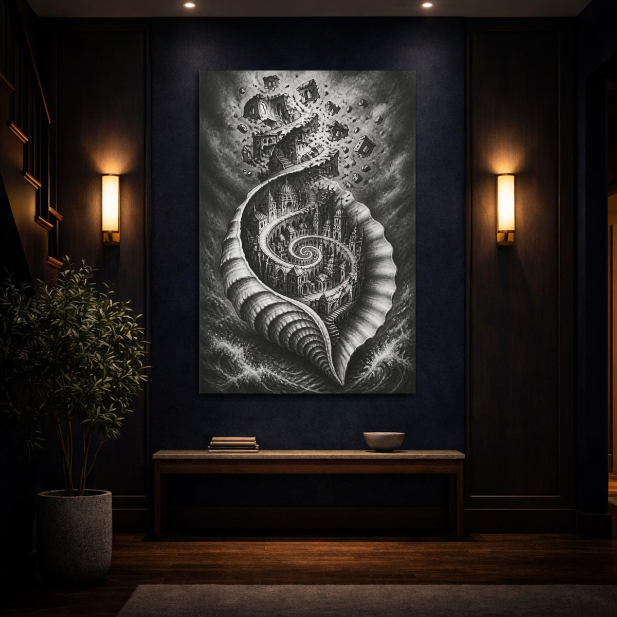 Mockup 4. Seashell City Illusion shown as canvas print