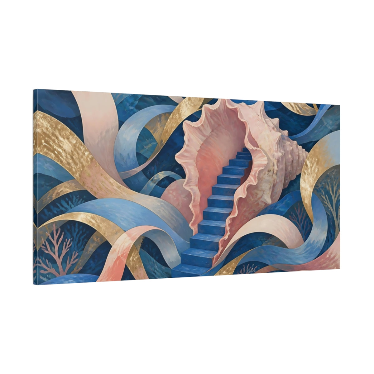 Side Mockup 2. Seashell Staircase Dream shown as canvas print