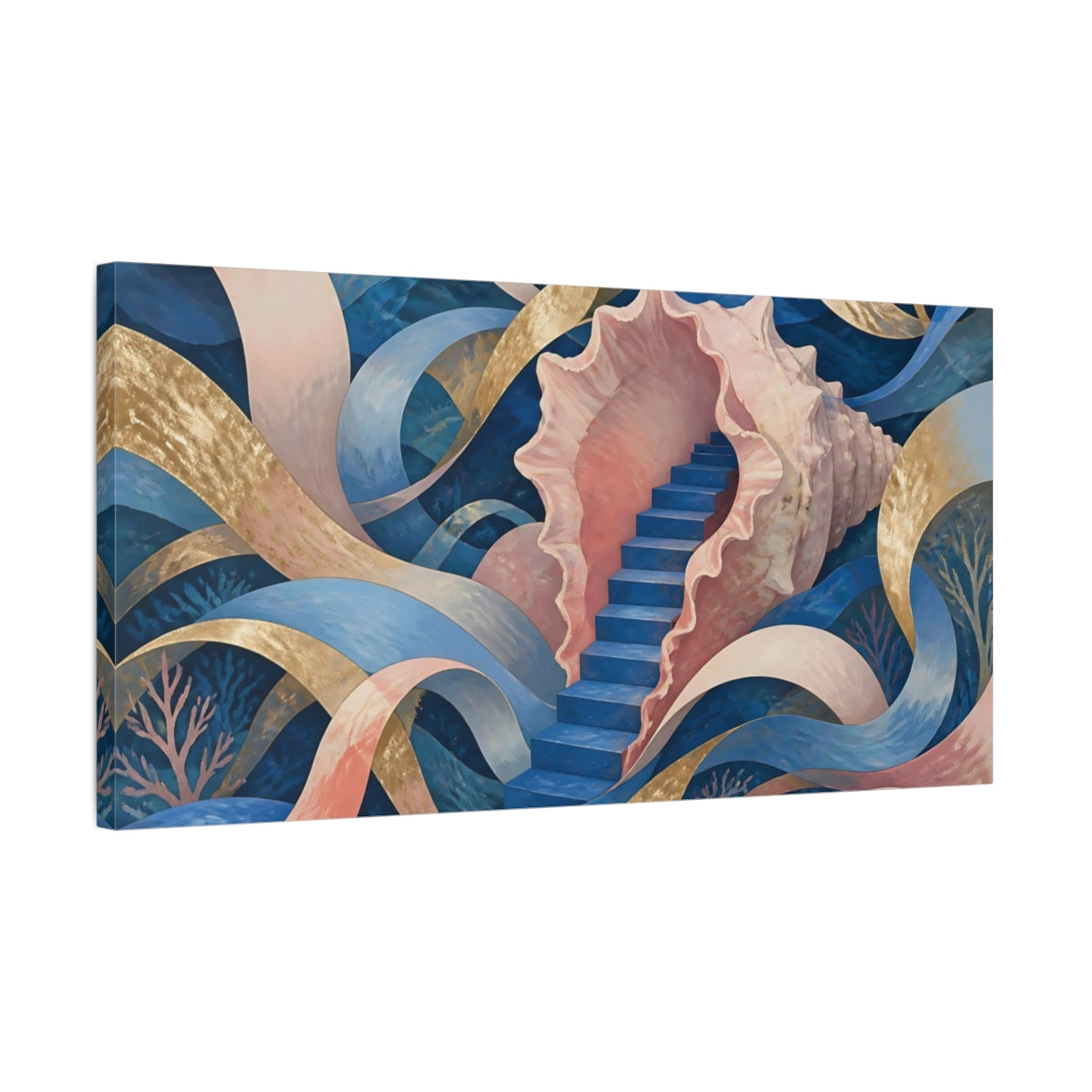 Side Mockup 1. Seashell Staircase Dream shown as canvas print
