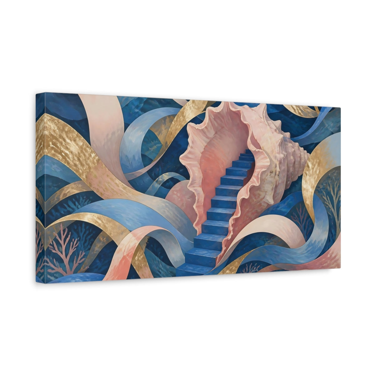Side Mockup 3. Seashell Staircase Dream shown as canvas print