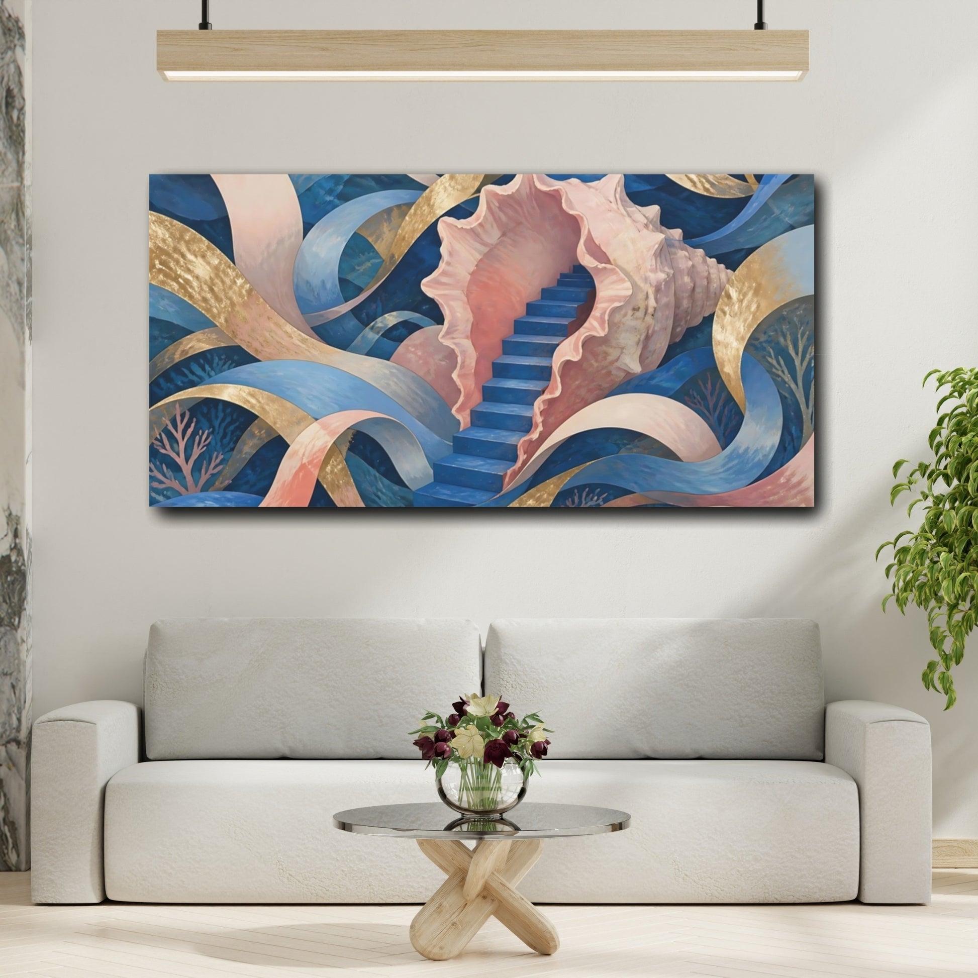 Mockup 2. Seashell Staircase Dream shown as canvas print