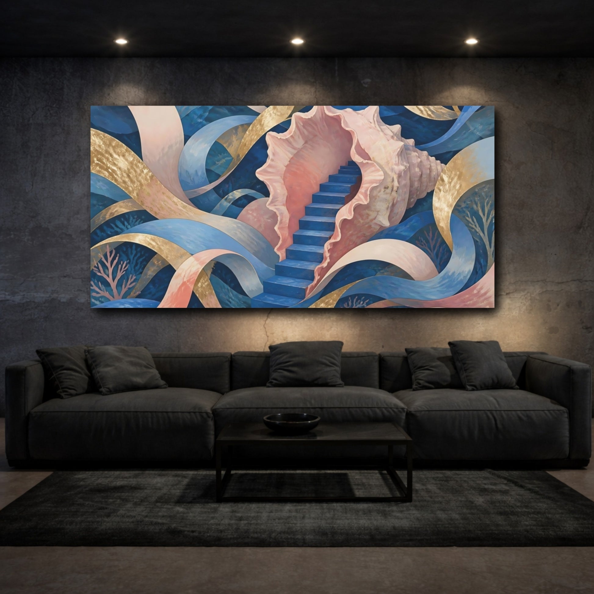 Mockup 3. Seashell Staircase Dream shown as canvas print