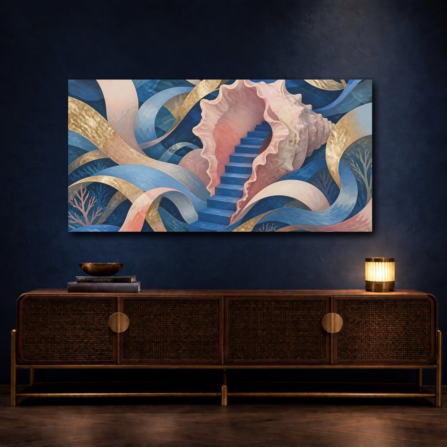 Mockup 4. Seashell Staircase Dream shown as canvas print