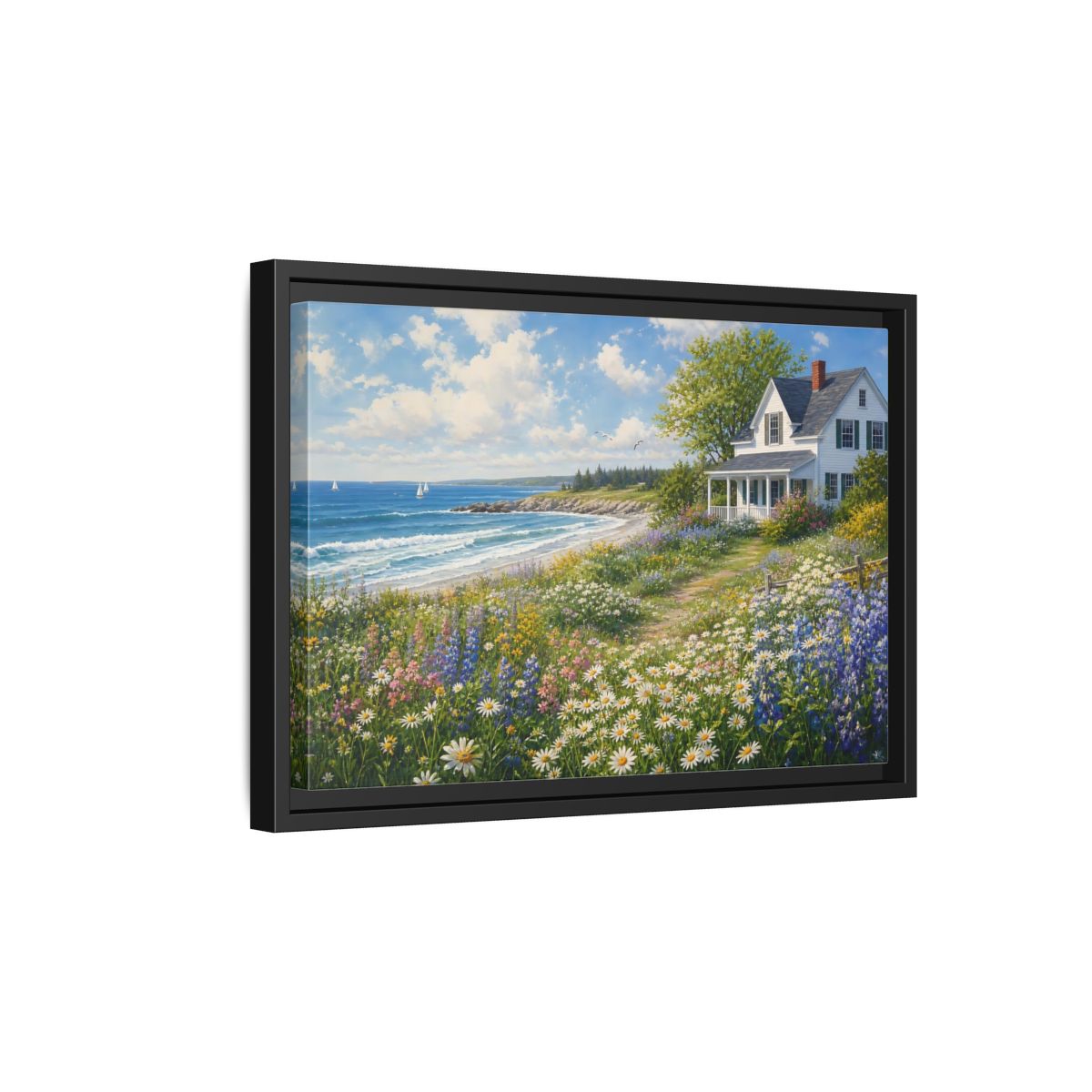 Side Mockup 6. Seaside Cottage Wildflower Meadow shown as framed canvas print