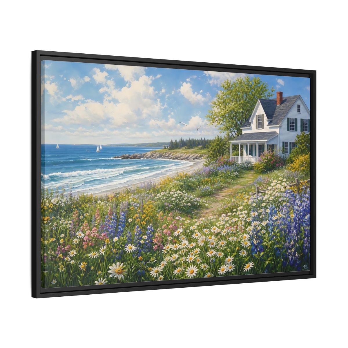 Side Mockup 13. Seaside Cottage Wildflower Meadow shown as framed canvas print