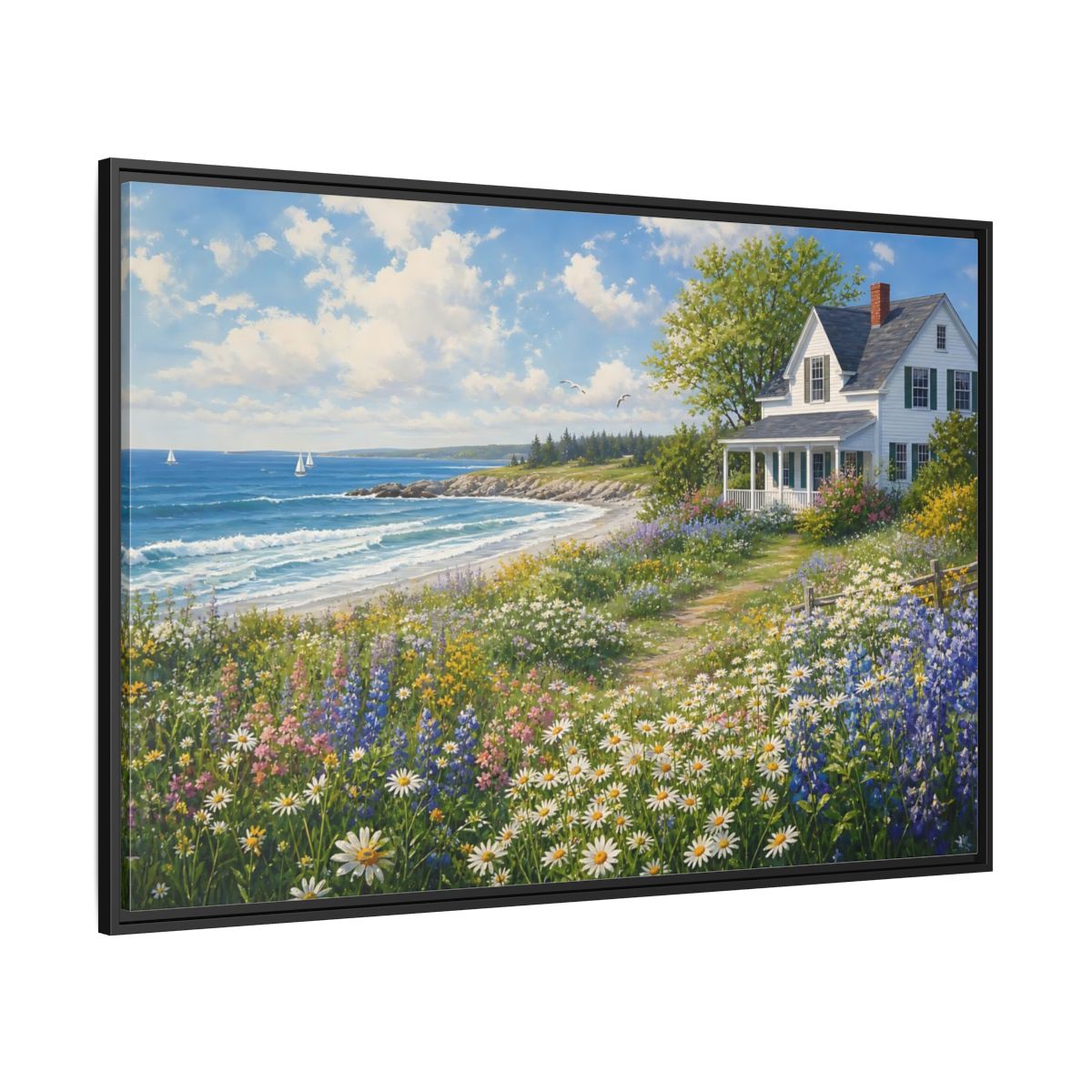 Side Mockup 12. Seaside Cottage Wildflower Meadow shown as framed canvas print