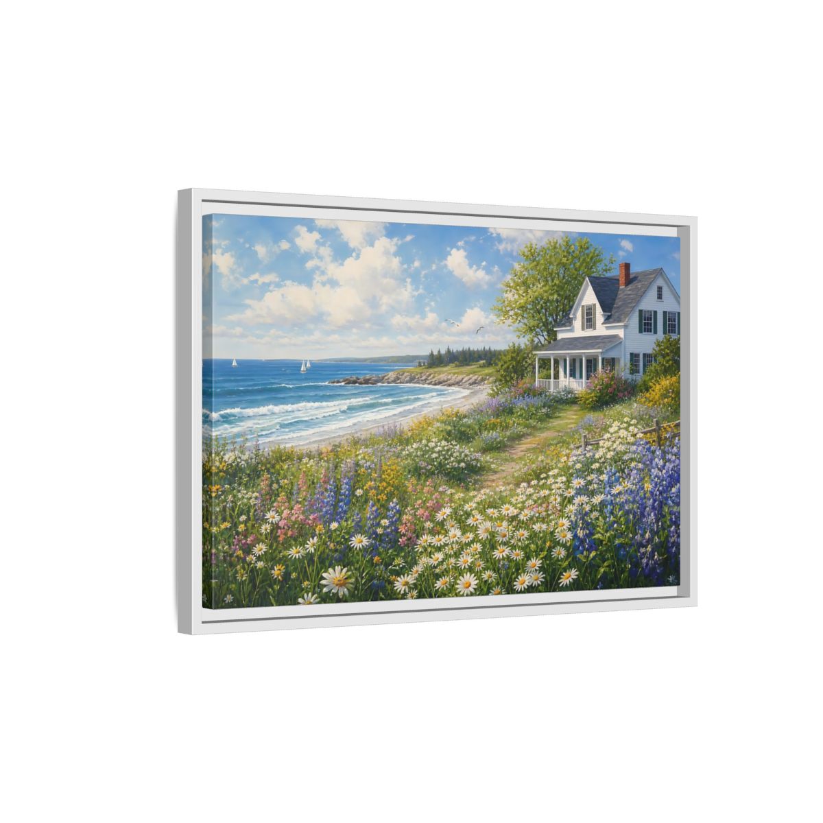 Side Mockup 1. Seaside Cottage Wildflower Meadow shown as framed canvas print