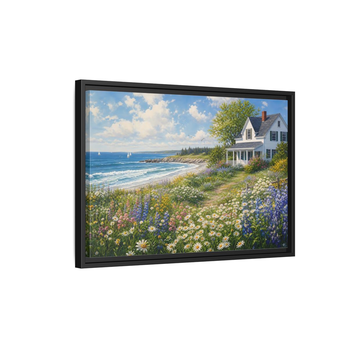 Side Mockup 3. Seaside Cottage Wildflower Meadow shown as framed canvas print