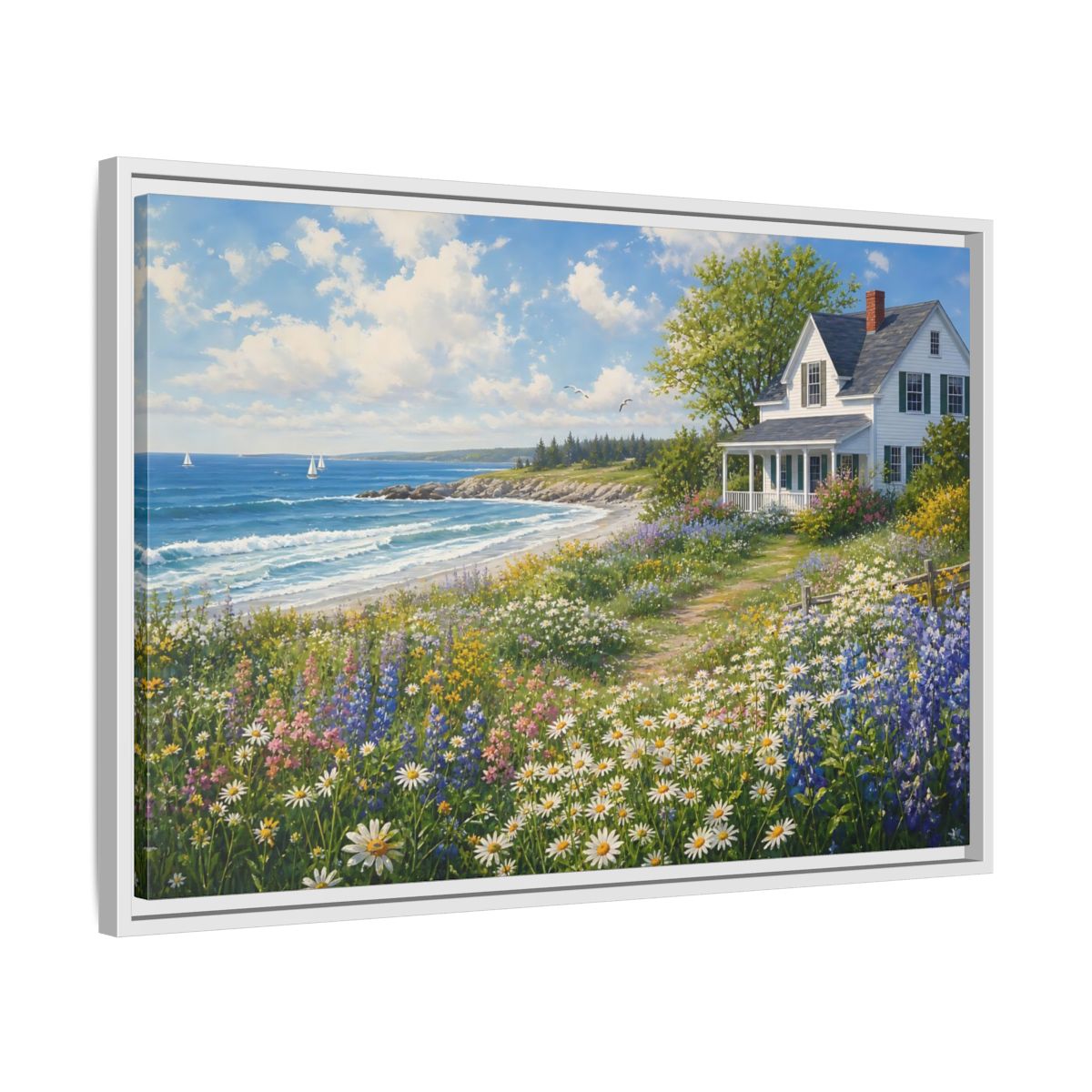 Side Mockup 10. Seaside Cottage Wildflower Meadow shown as framed canvas print