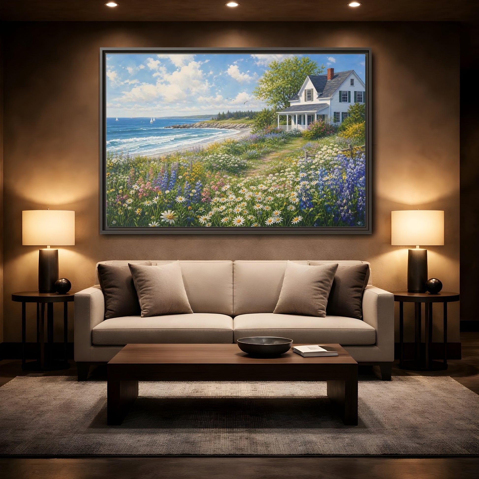 Mockup 2. Seaside Cottage Wildflower Meadow shown as framed canvas print