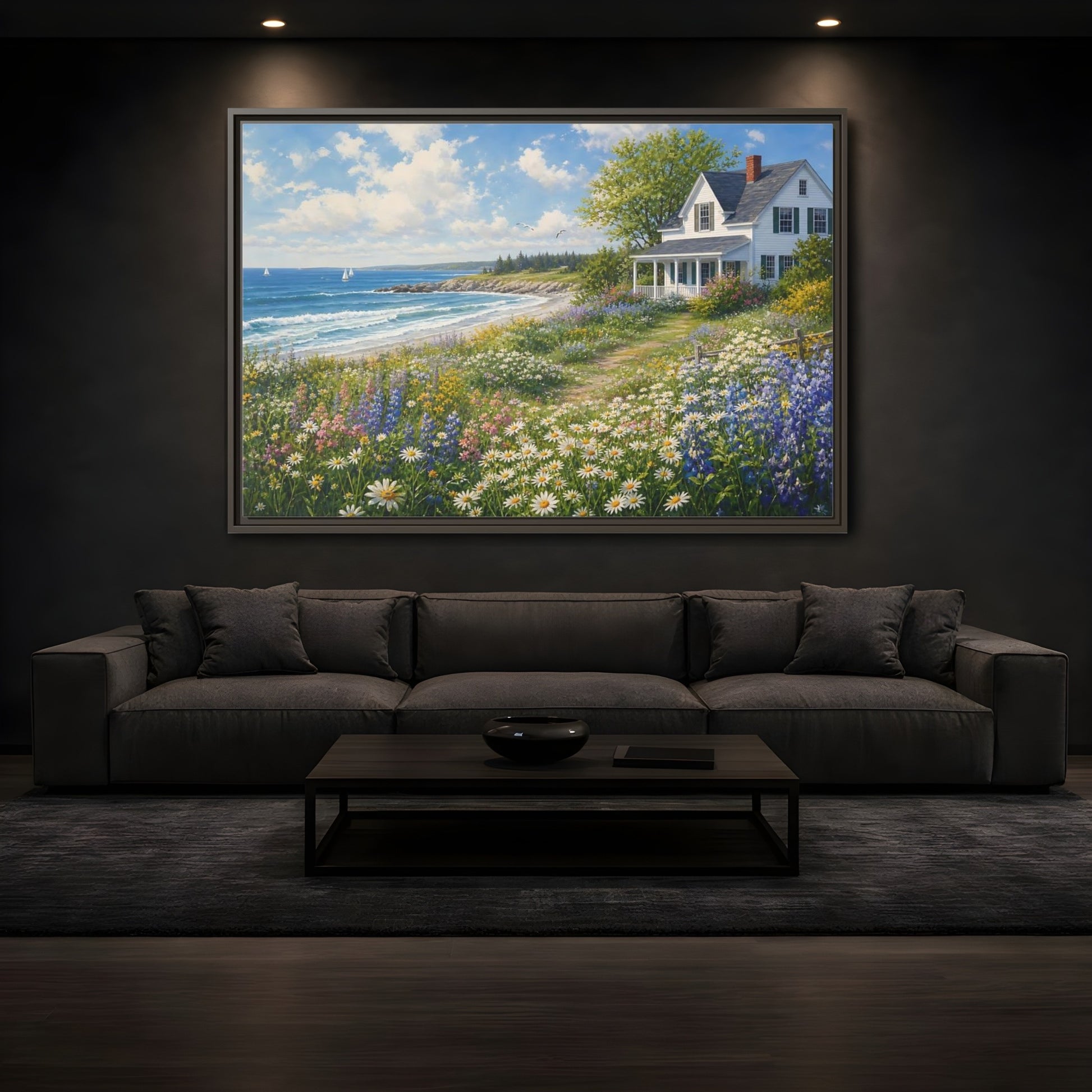 Mockup 3. Seaside Cottage Wildflower Meadow shown as framed canvas print