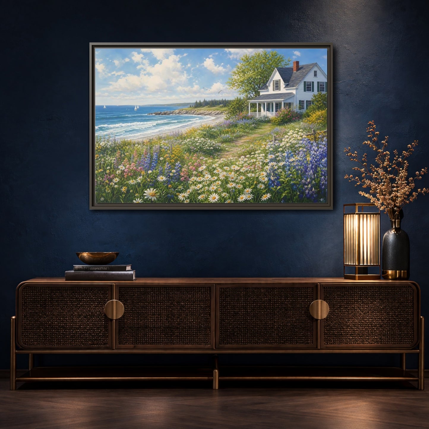 Mockup 4. Seaside Cottage Wildflower Meadow shown as framed canvas print