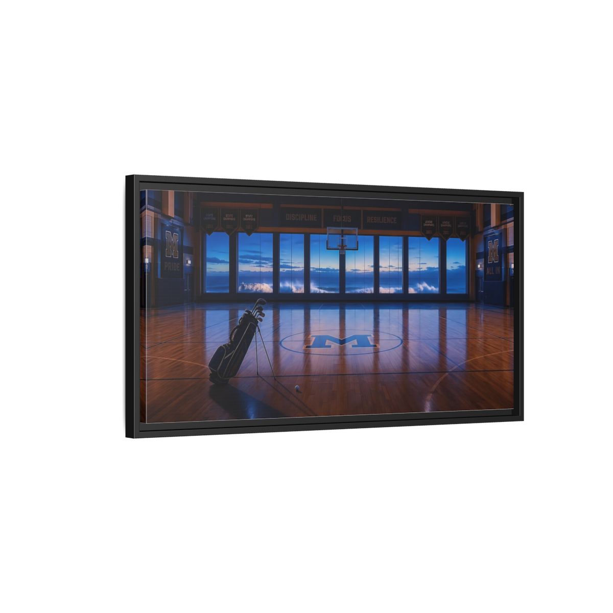 Side Mockup 2. Seaside Court At Dusk shown as framed canvas print