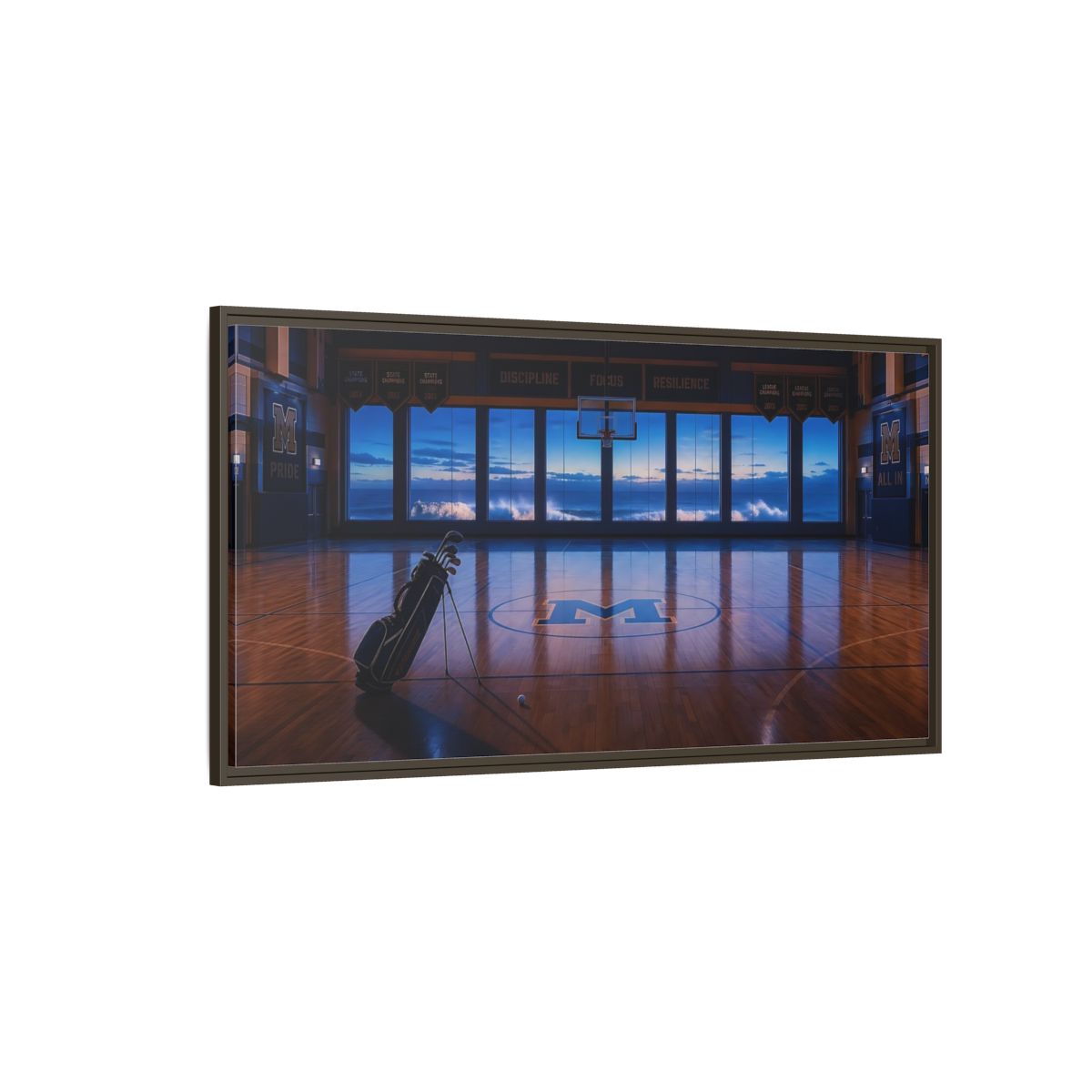 Side Mockup 4. Seaside Court At Dusk shown as framed canvas print