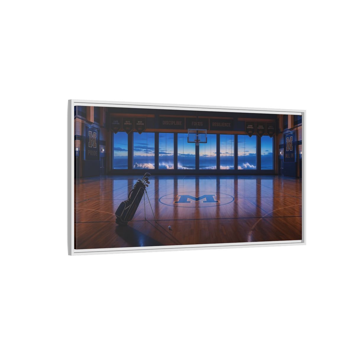 Side Mockup 3. Seaside Court At Dusk shown as framed canvas print