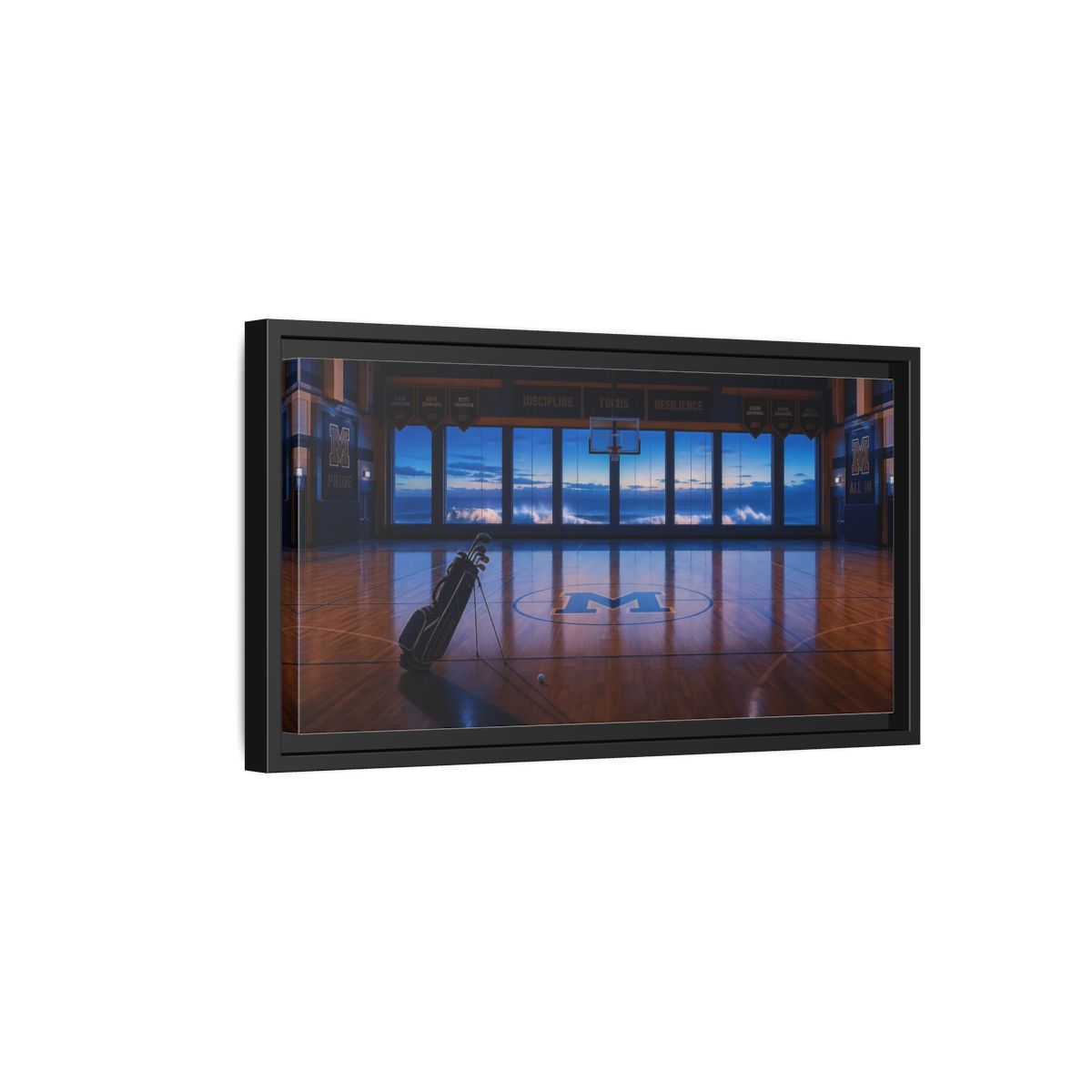 Side Mockup 8. Seaside Court At Dusk shown as framed canvas print
