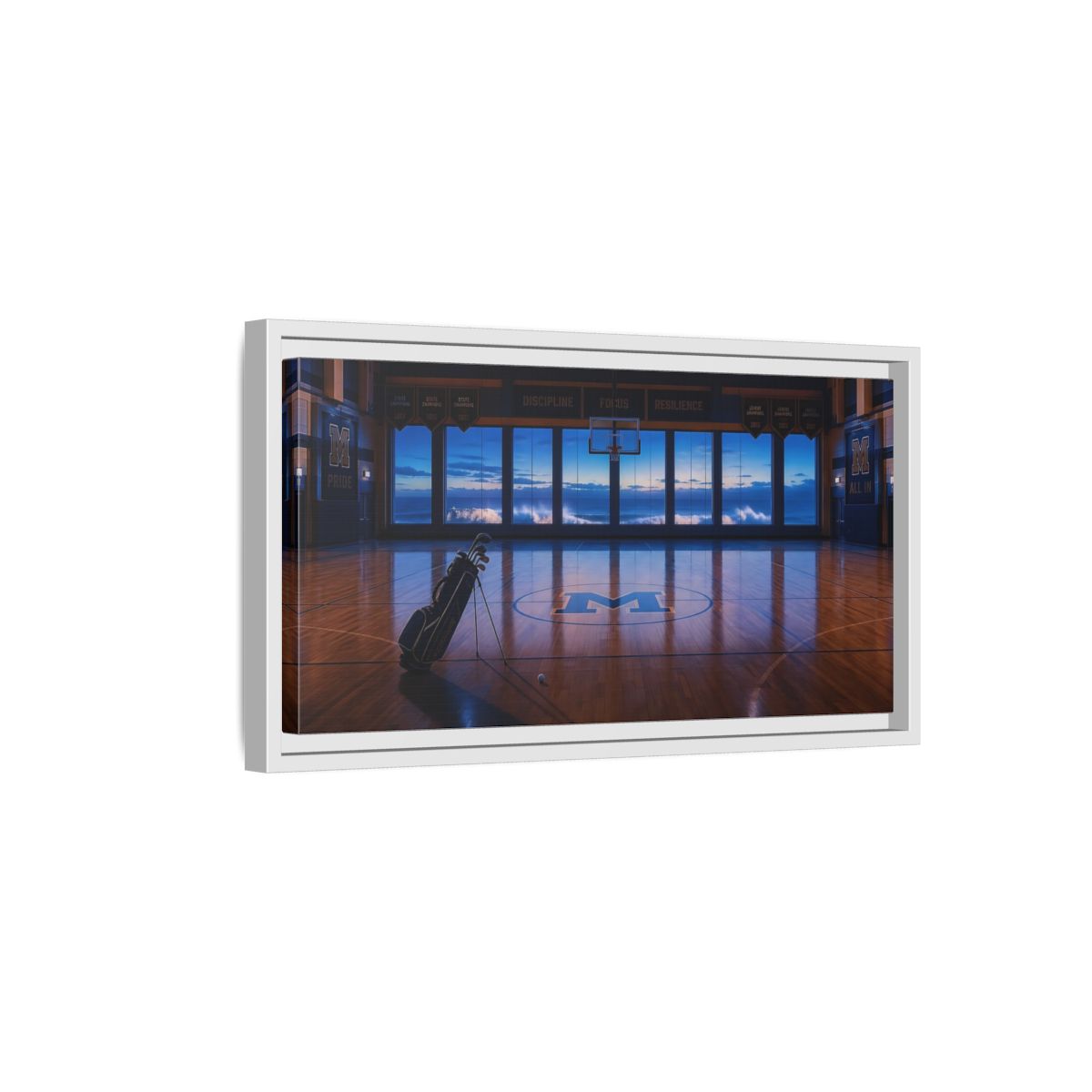 Side Mockup 6. Seaside Court At Dusk shown as framed canvas print