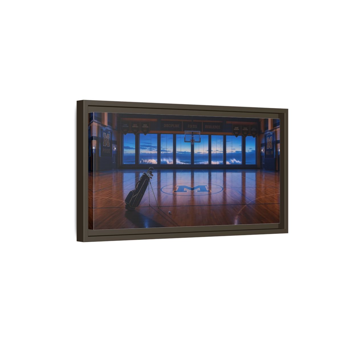 Side Mockup 7. Seaside Court At Dusk shown as framed canvas print