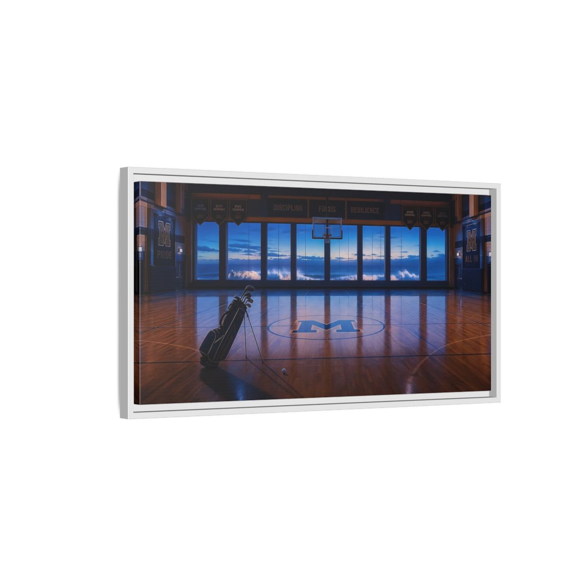Side Mockup 1. Seaside Court At Dusk shown as framed canvas print