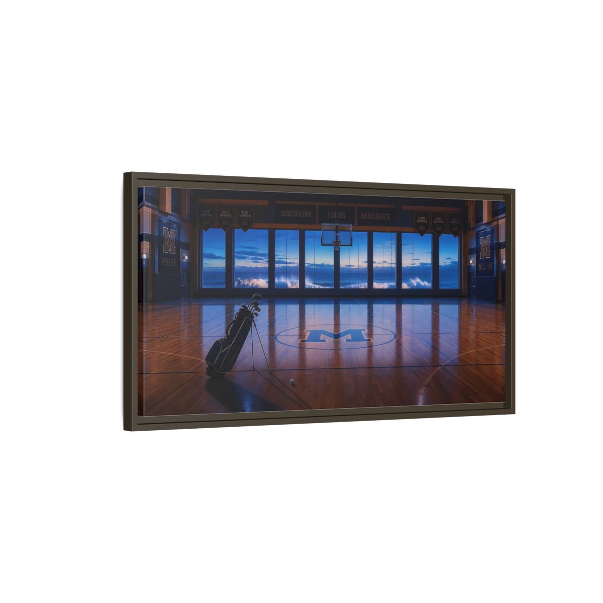 Main Mockup. Seaside Court At Dusk shown as framed canvas print