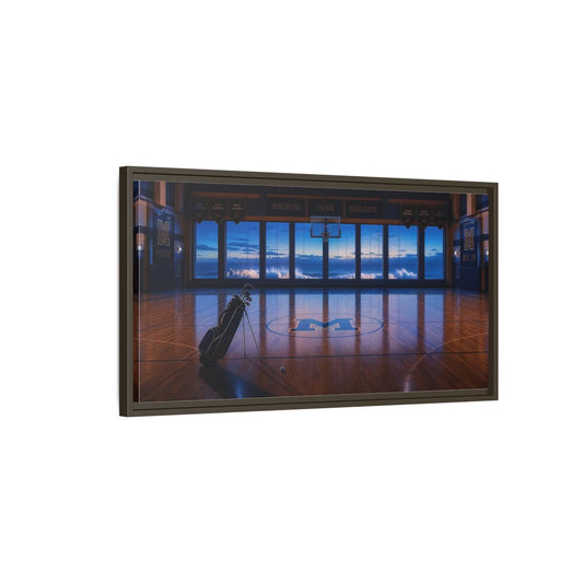 Main Mockup. Seaside Court At Dusk shown as framed canvas print
