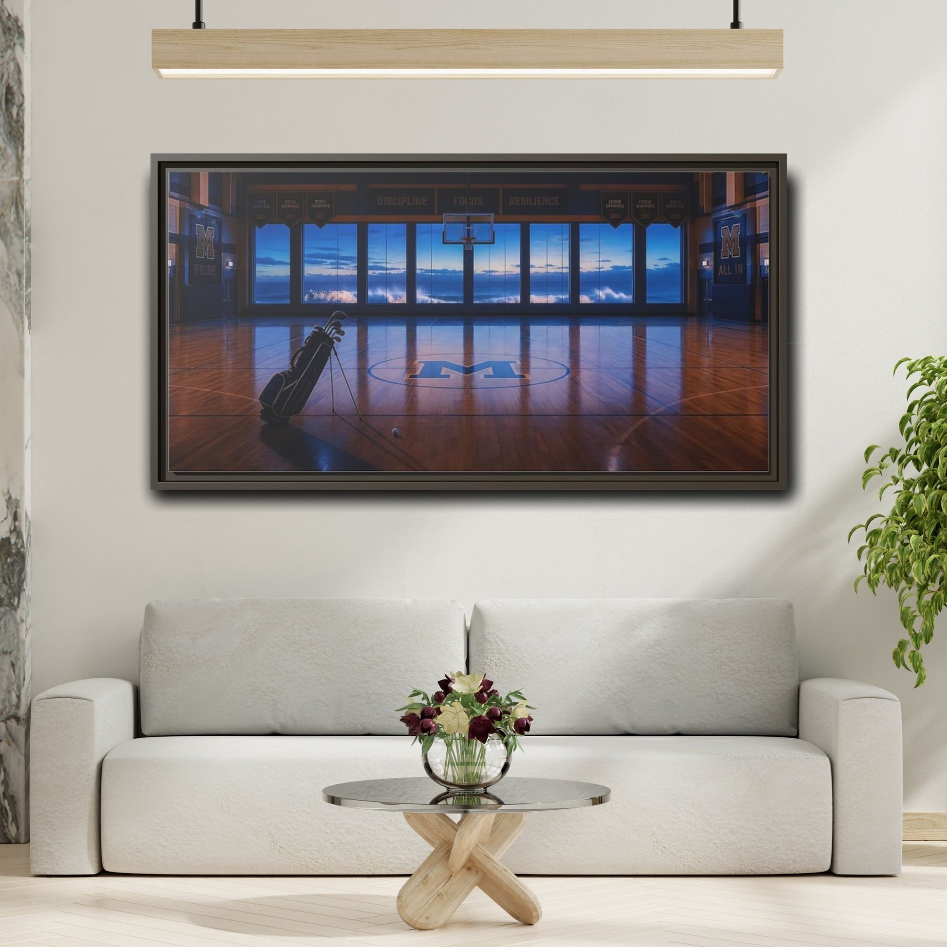 Mockup 2. Seaside Court At Dusk shown as framed canvas print